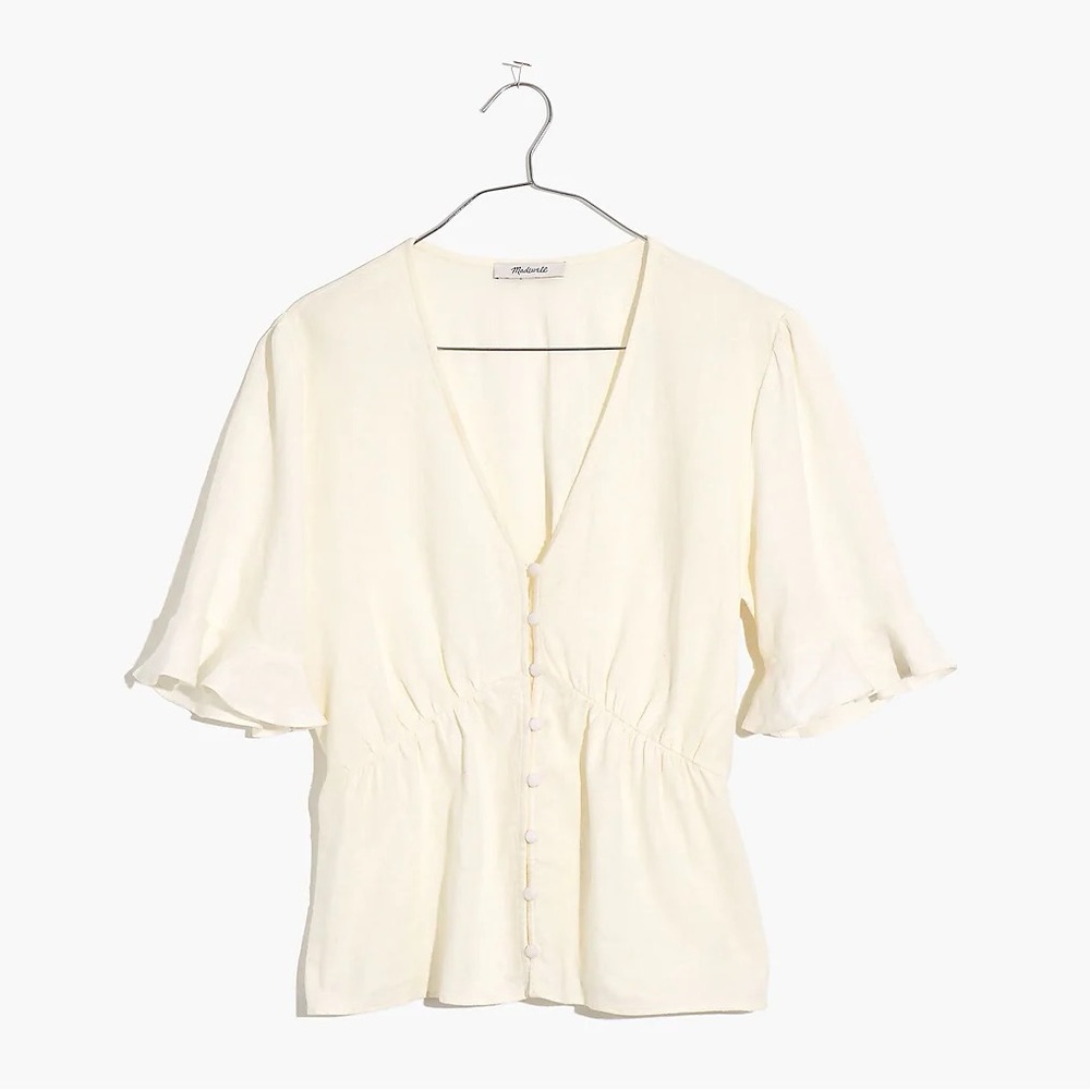 Linen-Blend Journal Keyhole-Sleeve Top